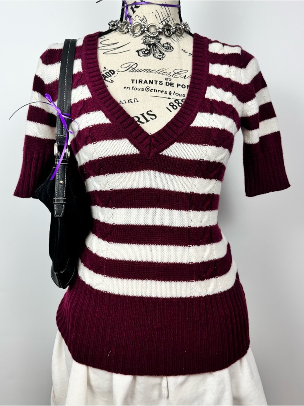Old Navy Striped V-Neck Short Sleeve Sweater — Burgundy & White